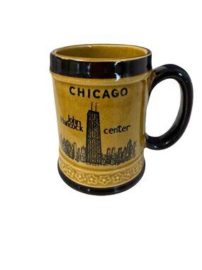 Vintage Chicago John Hancock Center Ceramic Mug Tan Black Souvenir Cup